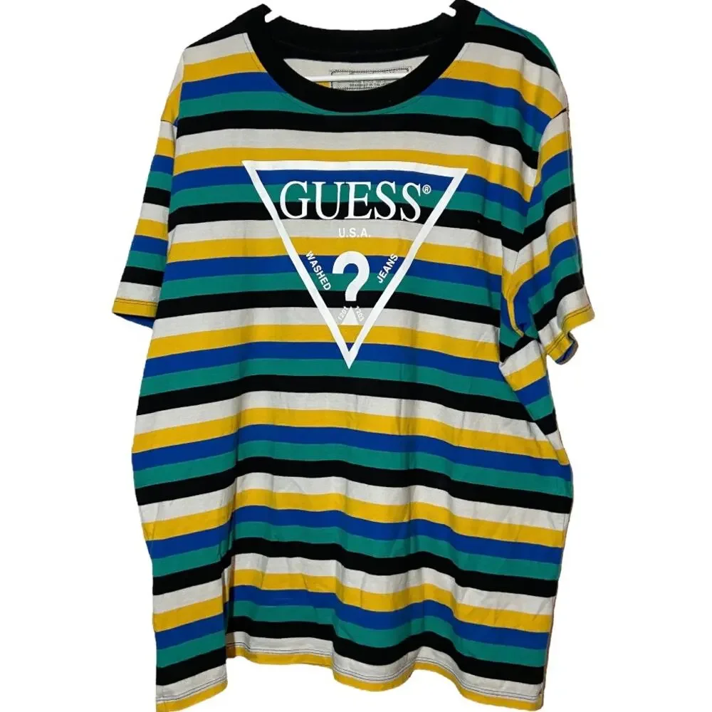 GUESS Vista T-Shirt 100% Cotton Short Sleeve Crew Neck Striped Multicolor Large - Picture 2 of 6